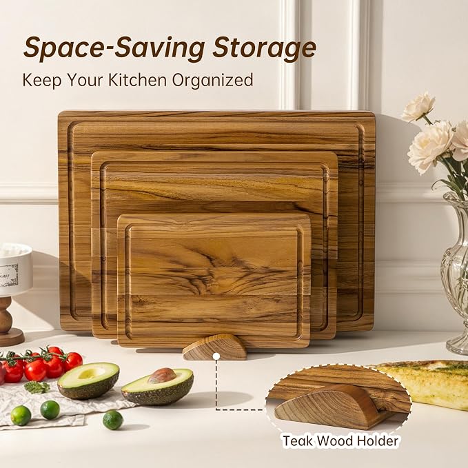 Teak Wood Cutting Board Set of 3 Wooden Cutting Boards for Kitchen | Premium Teak Wood • FSC Certified • Deep Juice Groove • Built-In Handles • Non-Slip Feet • 3 Practical Sizes • Gift-Ready Box