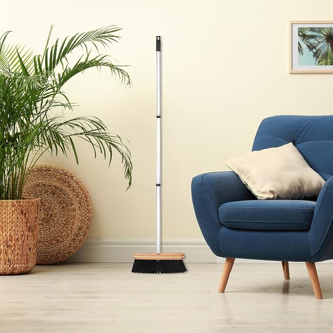 Superio Kitchen Broom Premium Black Tampico Bristles, with Grey Metal 3-Part Handle, Heavy Duty Household Broom - Easy Swiping Dust and Wisp, Home, Kitchen Bedroom, Lobby, Floors and Corners