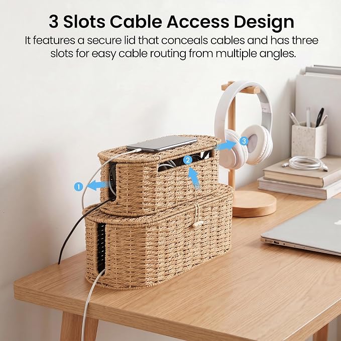 Set of 2 Cable Management Box, Handwoven Paper Rope Cord Hider Organizer Boxes with 3 Side Open Slots, Cable Organizer Box to Hide Cords Power Strip, USB Hub, TV Wires for Home, Office
