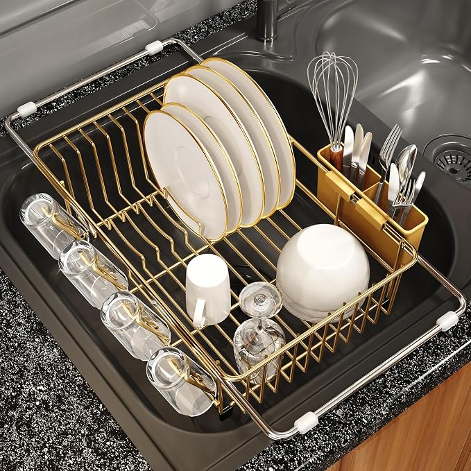 Gold Dish Drying Rack Over The Sink with Utensil Holder | Expandable Stainless Steel Dish Drainer for Small Kitchen, Apartment, RV, Counter Space Saving, Perfect Fit, Rustproof