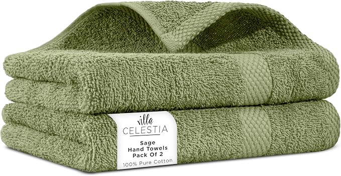 Villa Celestia Cotton Hand Towels Set of 2, 16 x 28, Oeko-TEX Certified, Quick Dry, Sage