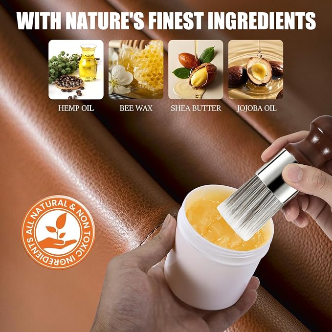 LUXGROVE® Wood & Leather Furniture Repair Salve with Brush, Conditioner & Polish for Couches, Car Seats, Tables, Cabinets, Shoes, Purses, Boots & Saddles, Helps Revive Dry, Dull & Scuffed Surfaces,8oz