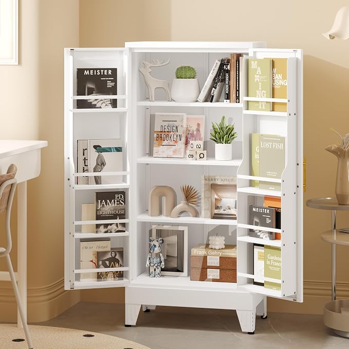 GAIOUS Metal Kitchen Pantry Cabinet, Food Storage Cabinets White Cupboard | Storage Cabinet with 2 Door and 3 Adjustable Shelves, Freestanding Steel Sideboard, with Door Shelf, for Kitchen Dinning Room