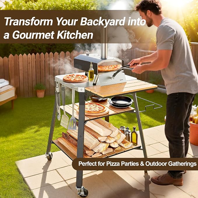 Pizza Oven Stand with Wheels, for Ninja Woodfire | Outdoor prep table for pizza ovens, grills and kitchen work, with movable storage design