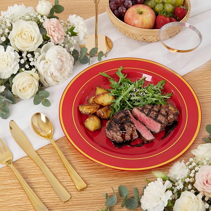 WDF Partyware 350Pieces Red Plastic Plates with Gold Rim Include 50Dinner Plate 10inch 50Dessert Plate 7inch 50 gold Cups 9 OZ, 50 Pre Rolled Napkins for Wedding/Birthday/Christmas/Party