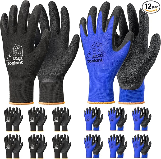 toolant Crinkle Latex Work Gloves Bulk, Rubber Coated Safety Work Gloves for Men and Women, 12 Pairs for Construction, Gardening, Warehouse (Black & Blue, Large)