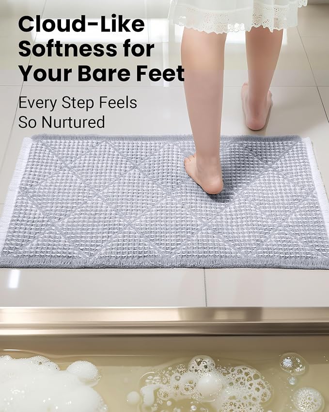 Furicher Waffle Bath Mat Set, Non Slip Bathroom Rugs Sets 2 Piece, Ultra Absorbent Long Bath Rug Runner for Bathroom Decor, Machine Washable Boho Mats, Grey & White, 20"×47" Plus 18"×30"