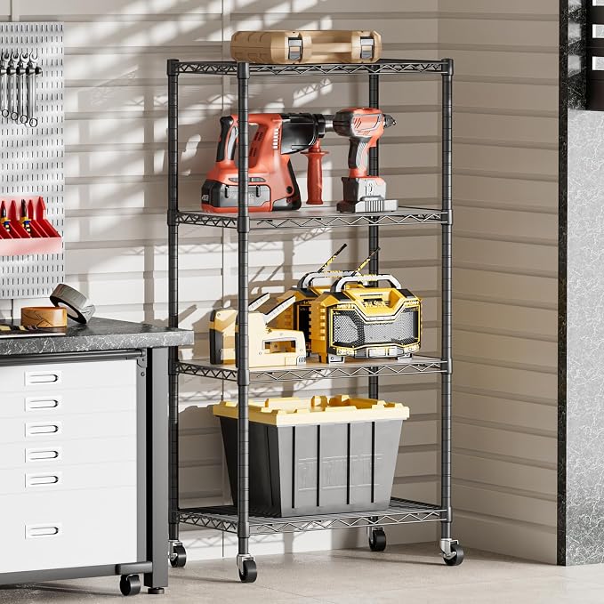 SINGAYE 4 Shelves Storage Wire Shelf Closet Metal Shelving Pantry Wheels | Shelf Bathroom Organizers Metal Kitchen Garage Shelving Unit Laundry Room Organization Home Rack Net Basket with Wheels