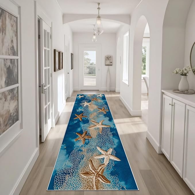 Seaside Coastal Extra Long Hallway Runner Rug 3x12 - Fishing Net Soft Low Pile Runner RugsWatercolor Ocean Anti Slip Washable Runners Rug for Entrance Corridor Kitchen Living Room
