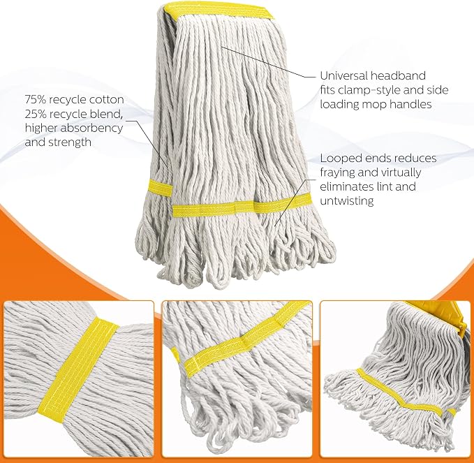Eccliy 6 Pack Commercial Mop Heads Replacement Heavy Duty 18 oz Loop End Cotton String Wet Mop Refills Washable Absorbent Reusable for Industrial Home Tile Wood Concrete Floor (White,Yellow)