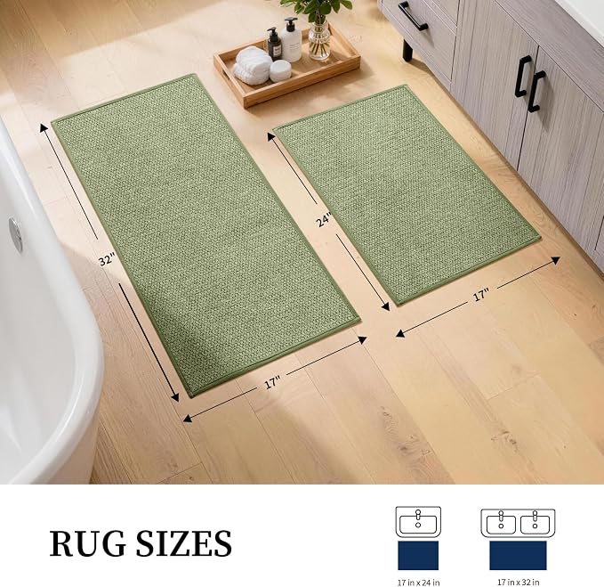 YIHOUSE Green Bathroom Rugs Sets 2 Piece, Quick Dry Thin Bath Mat, Non Slip Absorbent Machine Washable, Bath Rugs for Bathtub Sink Home Decor (17"x24" + 17"x32")