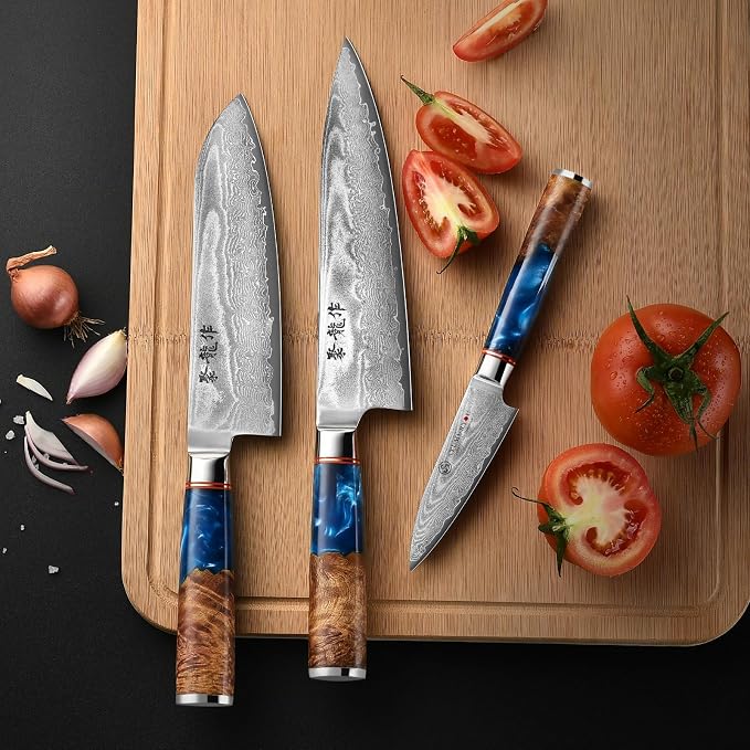 Japanese Chef Knife Set 3 Pcs, 67-Layer Damascus Kitchen Knife Set with VG10 Steel Core, Professional Sharp Damascus Knives with Ocean-Blue Ergonomic Handle, Include Elegant Cooking Gifts Box