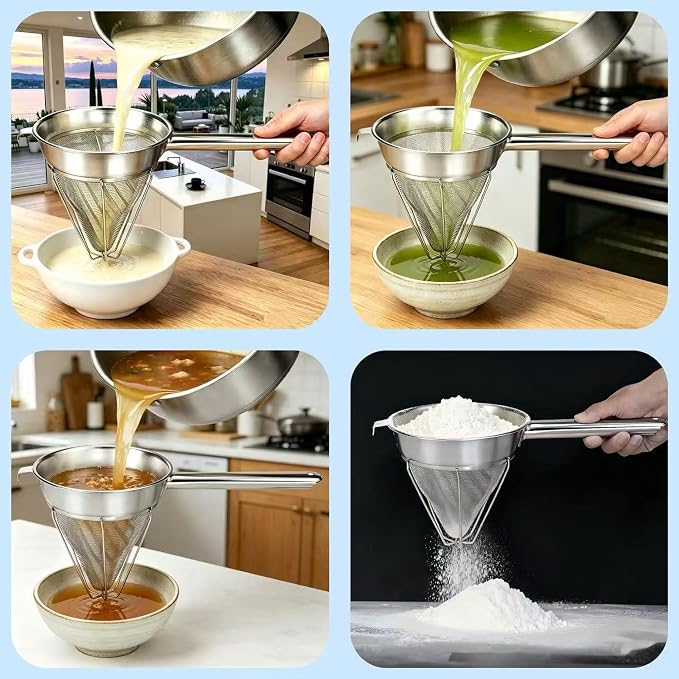 10-Inch Stainless Steel Fine Mesh Chinois Strainer | Large Strainer Reinforced Bouillon Strainer for Sauces, Soups, Purees, Pastes, Jelly, Custard, Curds and etc.