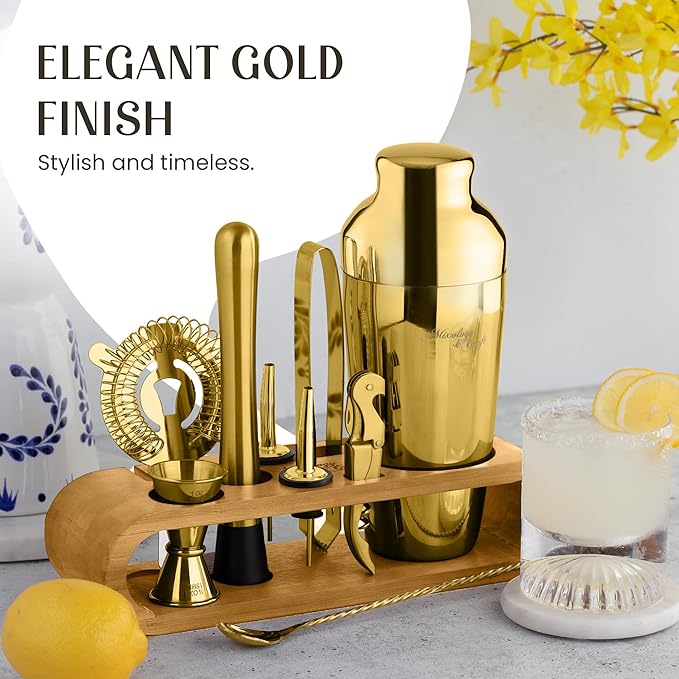 Mixology & Craft Cocktail Shaker Set with Bamboo Stand - Professional 10-Piece Bartender Kit, Complete Bar Set for Home Use with Jigger, Muddler, Strainer, Spoon, Pourers & Corkscrew (Gold)