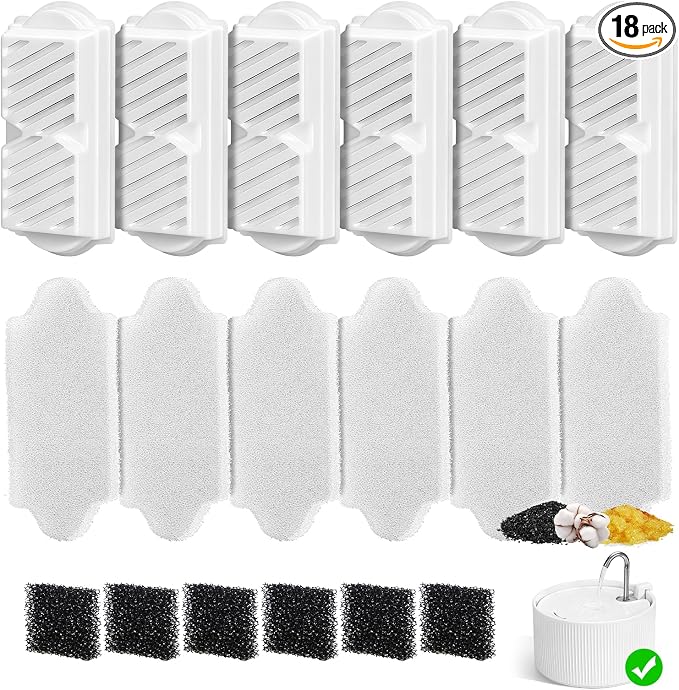 (18 Pack) 6 Sets Ceramic Cat Water Fountain Replacement Filters, Pet Fountain Replacement Filters for 2.2L/74OZ Ceramic Fountain(White)