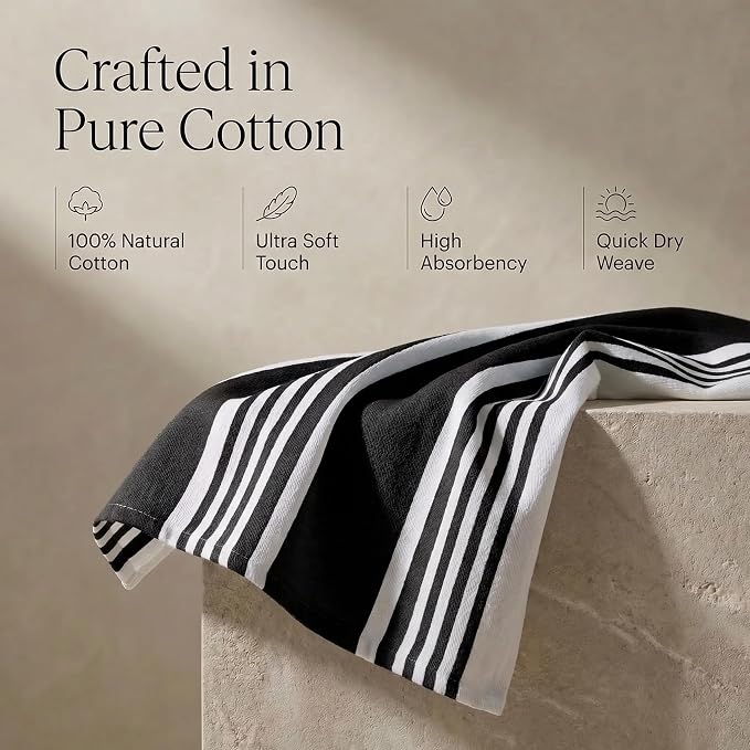 Urban Villa Kitchen Towels 100% Cotton Dish Towels for Kitchen (Set of 6)20”x30” Dish Cloths Highly Absorbent Kitchen Linen Set with Hanging Loop Perfect for Drying Dishes Cleaning Towels-Black White