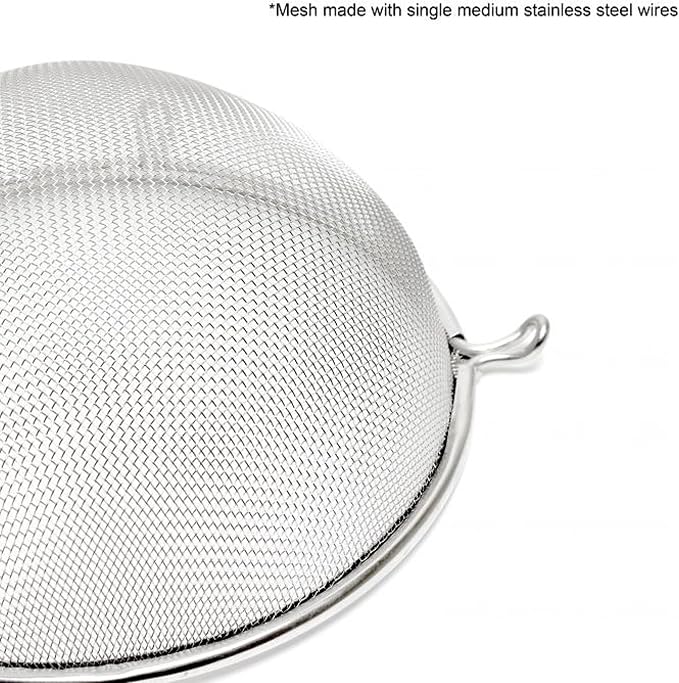 TrueCraftware- 6-Inch Single Medium Mesh Strainer Stainless Steel 6-1/2" Handle Length Wooden Handle- Kitchen Utensil Food Strainer Skimmer Spoon for Cooking Sieve Sifters Pasta Fruits Vegetable