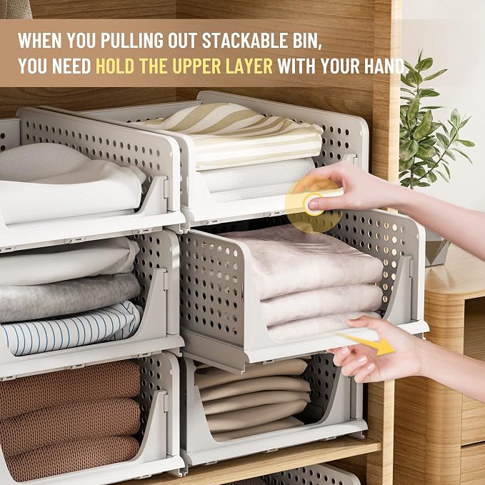 Pinkpum 6 Pack Closet Organizers Storage Bins, Stackable Plastic Drawer Basket for Clothing, Stackable Storage Bins Shelf Storage Container for Closet Wardrobe Bedroom Bathroom Office White