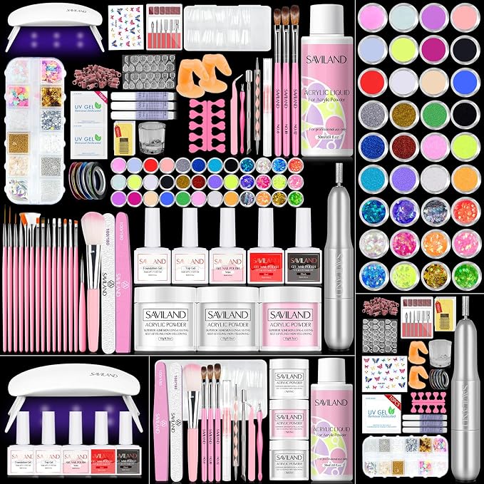 SAVILAND Acrylic Nail Kit with Drill: Professional Acrylic Nail Set for Beginners with Everything U V Light 3 Colors Gel Polish Decorations Nails Tools for Home Salon Use Christmas Gift Set