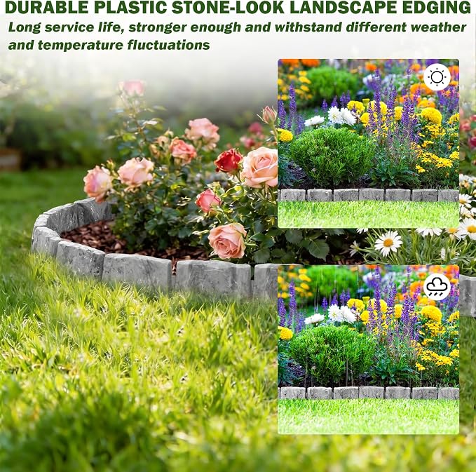 Landscape Edging Garden Edging Border Faux Stone Edging,91FT x 2.75 in Tall | Decorative Stone-Look Garden Border for Flower Bed Edging,Yard Edging,Lawn Trees and Gardens,w/ Anchoring Spikes,Gray