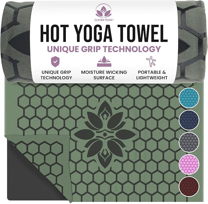 Clever Yoga Hot Yoga Mat Towel – Non-Slip Grip for Hot Yoga, Sweat Absorbent, Honeycomb Silicone Grip, Stays Flat – Ideal for Pilates, Travel, Washable & Lightweight - Olive