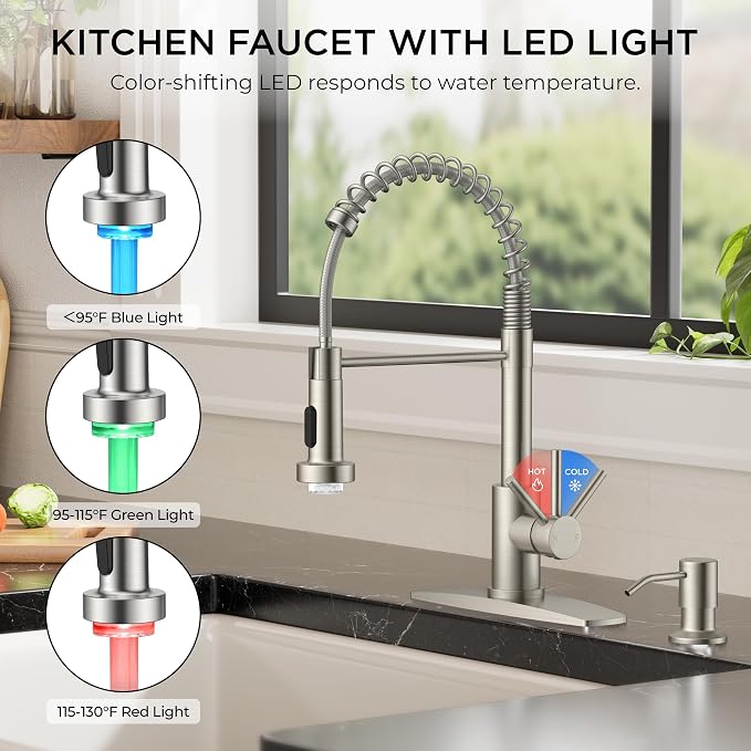 FORIOUS LED Kitchen Sink Faucet, Stainless Steel Brushed Nickel Kitchen Faucet with LED Light Sprayer, Commercial Transitional Single Handle Spring Faucet for Kitchen Sink, Bar & Prep Sinks, RV Camper