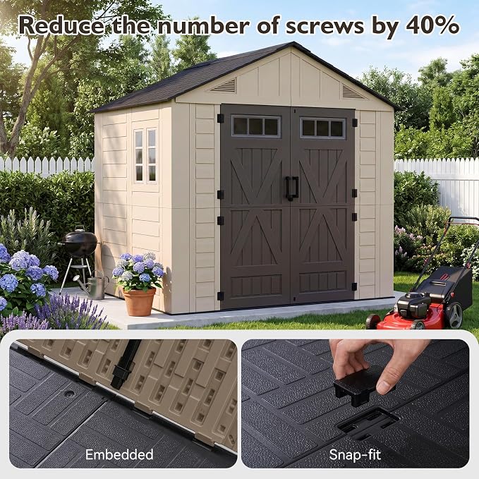 Aoxun 8x6 Ft Outdoor Storage Shed with Lighe & Floor, Large Resin Outdoor Shed with Lockable Door & Windows, Garden HDPE Sheds for Lawn Tools, Pool Supplies & Bikes