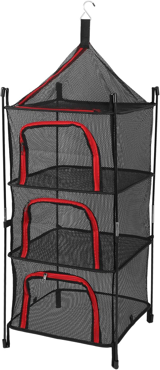 GOWENIC 4 Layer Hanging Drying Mesh Foldable Net Rack for Clothes Fish Heavy Duty Thickened Material, Space Saving Hanging Dryer for Travel Camping (Red)