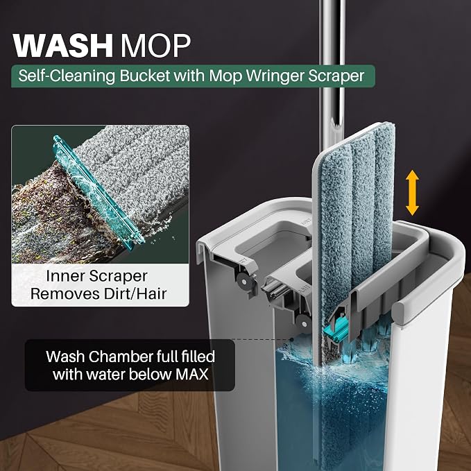 JOYMOOP Microfiber Flat Mop System with Bucket, White, Hands-Free Floor Cleaning Set, Wet and Dry Use, 6 Reusable Pads