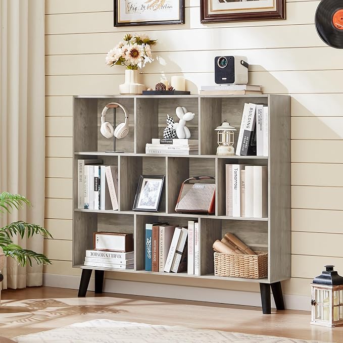 LEYAOYAO 10 Cube Bookshelf,Mid-Century Modern Bookcase with Legs,Retro Grey | 3 Tier Book Shelf,Rustic Wood Bookshelves Freestanding Large Storage Organizer, Open Shelves for Bedroom, Living Room, Office