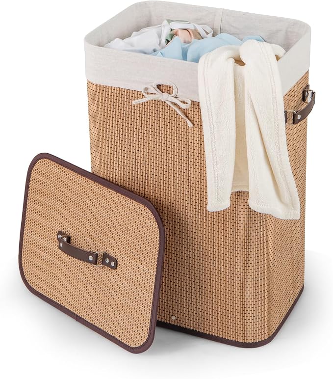 Byroce Bamboo Laundry Basket, Collapsible Laundry Hamper with Lid, Removable Liner & Handles, Dirty Clothes Toys Storage Bin for Laundry Room, Bedroom, Bathroom (Bamboo)