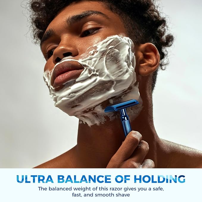 Double Edge Safety Razor, Metal Razor Includes 10 Double Edge Blades | Premium noble blue finish with a vibrant metallic appearance and durable coating.