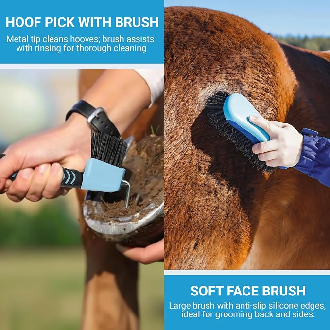 Horse Grooming Kit, 14-in-1 Professional Horse Brush Supplies Set for Grooming & Care, with Horse Brushes, Curry Comb, Hoof Pick & Waterproof Storage Tote Bag for Shining, Detangling, Massaging(Blue)