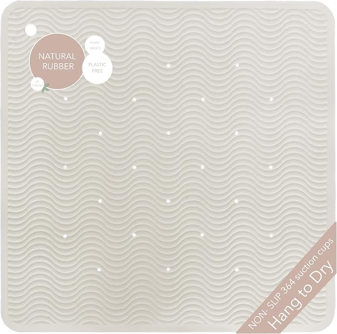 HEVEA Natural Rubber Wave Bath Mat – Square 21x21 in - Non-Slip Shower & Bathtub Mat with 364 Suction Cups, Plastic-Free & Biodegradable (Marble)