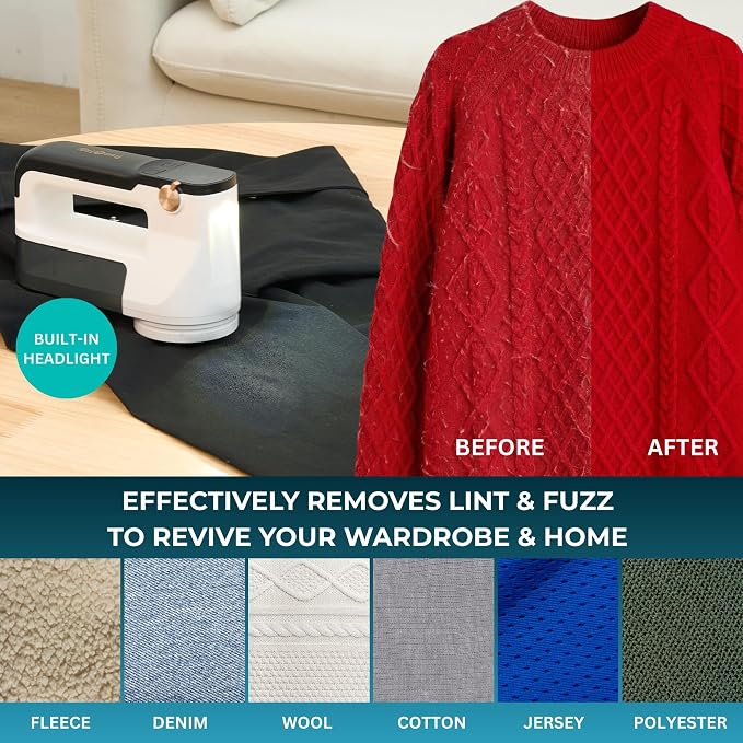 True & Tidy LED Turbo Fabric Shaver | Cordless Lint Remover with Digital Display & 3 Speeds – Perfect for Clothes, Couch & Furniture Defuzzing, White