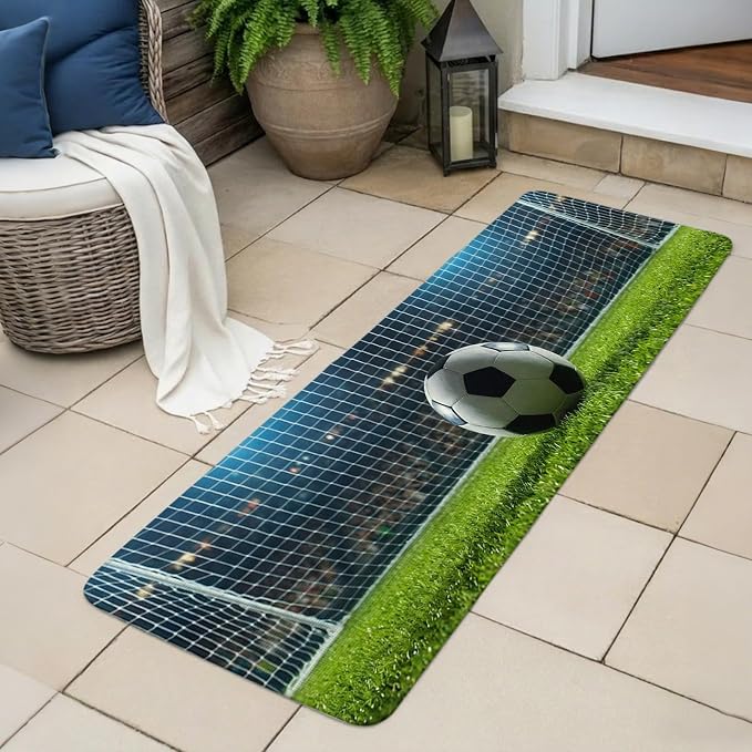 Football Bathroom Runner Rugs Non Slip Washable Absorbent Narrow Long Bath Mat Soccer Ball Sports Net Mesh Evening Match Runner Rugs for Kitchen Hallway Bedroom Laundry Study Room 15.7"x47.2"