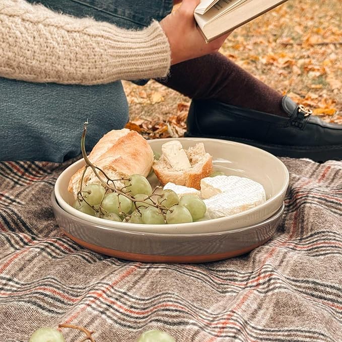 MORA Ceramic Flat Pasta Bowl Set of 4-35oz, Microwave Safe Plate with High Edge - Modern Porcelain Dinnerware for Kitchen and Eating, Large Wide Bowls/Plates for Serving Dinner, Salad, etc- Neutrals