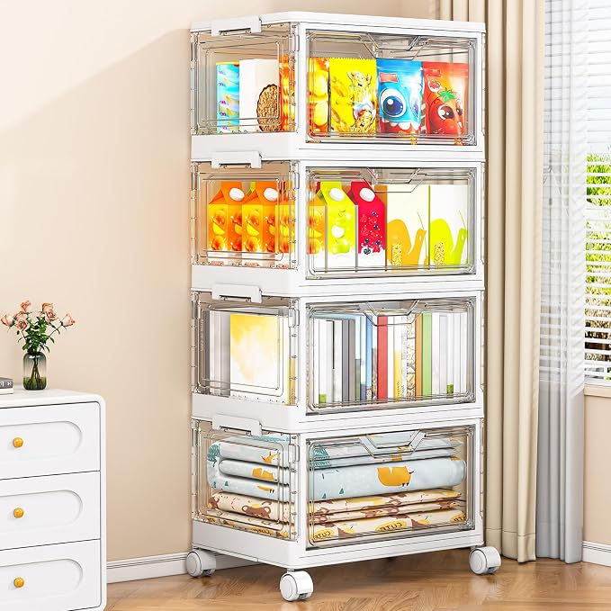 Kmiectse Clear Storage Bins with Lids - 4 Tier 32qt Plastic Stackable Bins | Clear Storage Bins with Lids - 4 Tier Plastic Bins with Wheels, Stackable Storage Bins, Closet Organizers Box
