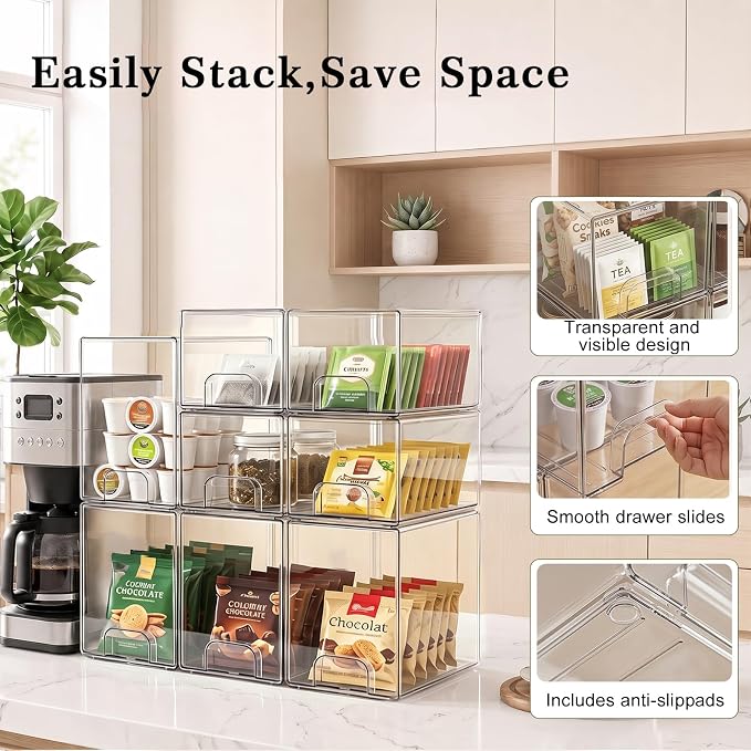 Clear Stackable Storage Drawers: Baby Bottle Storage Organizer, Acrylic Bottles Station Organizer Container for Countertop, Vanity, Bathroom, Cabinet Organization - 8 Pack