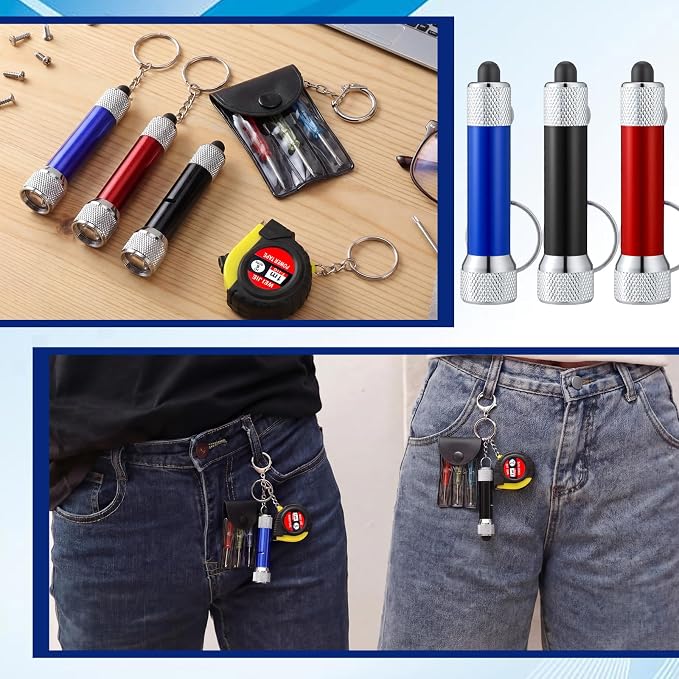 Jutom 27 Pcs Mini Tape Measure Keychain Screwdriver LED Light Keychain Bulk Men Adult Tool Party Gifts Prize for Man Father's Day Housewarming Gifts Adult Useful Tool Favors (Blue,Black,Red)