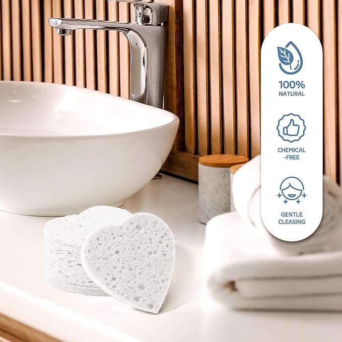 GAINWELL 50-Count Heart Shape Compressed Facial Sponges for Daily Facial Cleansing and Exfoliating, 100％ Natural Cosmetic Spa Sponges for Makeup Remover, White