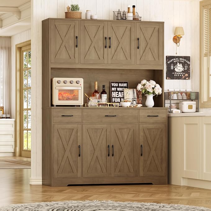 HOSTACK 71" Tall Kitchen Pantry Storage Cabinet, 55" W Kitchen Hutch, Brown | Large Pantry Cabinet with Charging Station / Countertop / 3 Drawers, Farmhouse Hutch Cabinet with Storage for Dining Room