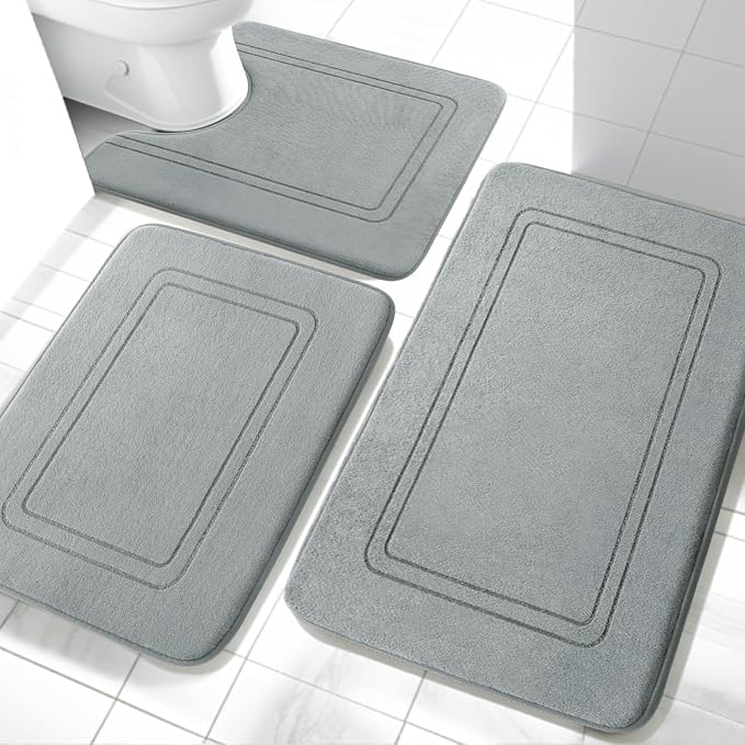 YIHOUSE Memory Foam Bath Mat Set, Non Slip Bath Mats for Bathroom, Super Soft and Water Absorbent Bath Rug Set, Machine Washable U Shape Toilet Mats, Light Grey