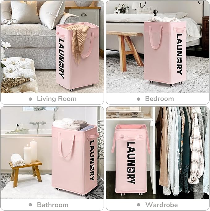 CHICVITA Laundry Hamper with Wheels 2-Pack, 75L Collapsible Laundry Basket with Removable Wash Bags, Pink Laundry Hamper for Corner Dorm, Rolling Laundry Basket on Wheels