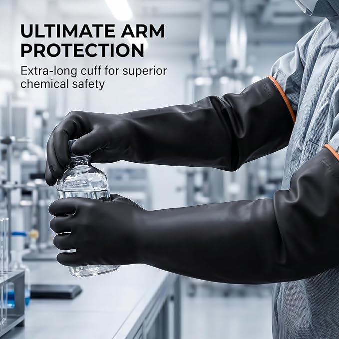 Chemical Resistant Heavy Duty Latex Gloves 2 Pairs - Rubber Gauntlet for Aquarium, Sandblasting, Deep Tank Cleaning & Drain Work - Acid Alkali Resistant Black, 22 Inch,XL