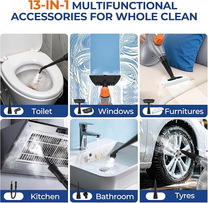 Steam Cleaner, Pressurized Handheld 13pcs Multi-Purpose Natural Deep Cleaning Steamer, Portable Steamer for Cleaning Home, Grout, Kitchen, Car, Window, Upholstery, Bathroom and Clothes, Orange&Gray