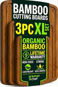 Greener Chef Luxury Bamboo Cutting Board 3-Piece Set with Carbonized Vertical Grain Strength Technology - Extra Large Wooden Cutting Boards for Kitchen with Deep Juice Grooves - Lifetime Replacements