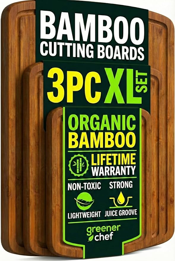Greener Chef Luxury Bamboo Cutting Board 3-Piece Set with Carbonized Vertical Grain Strength Technology - Extra Large Wooden Cutting Boards for Kitchen with Deep Juice Grooves - Lifetime Replacements