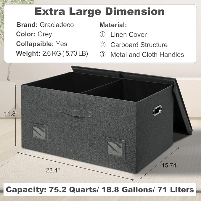 Graciadeco 75 Quarts Extra Large Decorative Storage Bins with Lids, 3 Packs Dark Gray Collapsible Storage Bins with Lids, Stackable Storage Bins Decorative Box Storage With Lid Extra Large