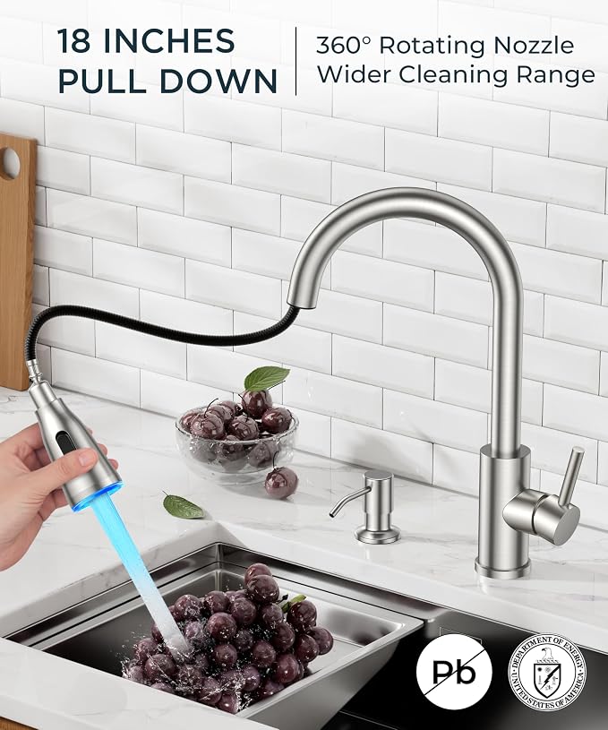 FORIOUS LED Kitchen Faucet with Soap Dispenser, Pull Down Sprayer, Brushed | Stainless Steel Single Handle, Transitional Bar Sink Faucet with LED Light Sprayer, Suitable for Outdoor Rv Laundry Camper